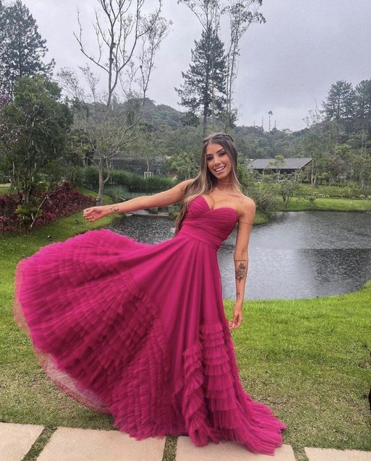 Ball Gown Long Strapless Tiered Tulle Hot Pink Prom Dress P1895