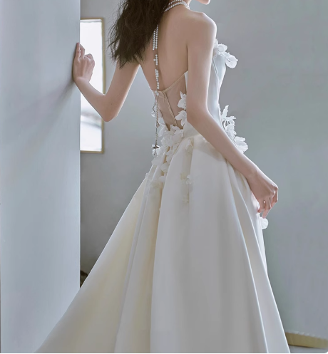 Princess Flower Strapless Satin A-Line White Wedding Dress P2740