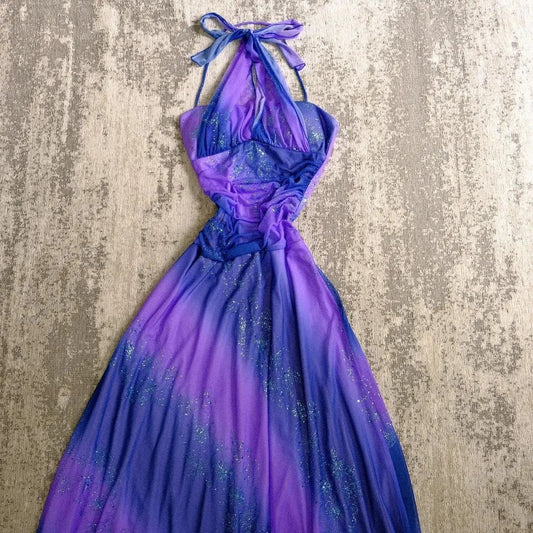 Sparkling Galaxy Chiffon Halter Neck Glitter Purple Prom Dress P3394