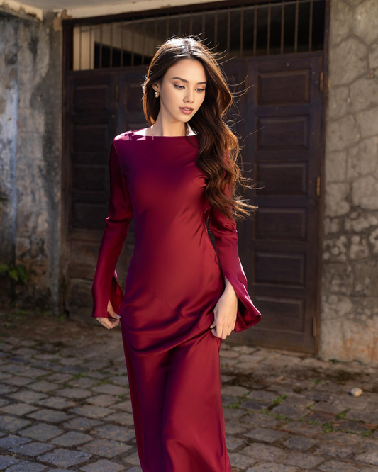 Dark Red Cowl Backless Lace Up Simple Maxi Dress Boat Neck Silk Long Sleeve Bridal Wedding Guest Prom Dress Elegant Evening Dress