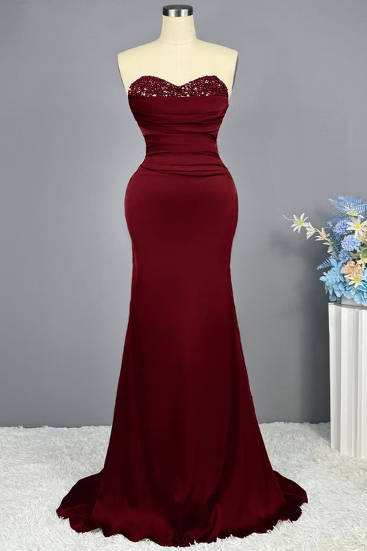 Burgundy Prom Dress Long Party Mermaid Sweetheart Sequins Sleeveless Y6857