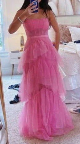 Liymcdress Dress Wholesale Hot Pink Layered Ruffles Evening Gown A Line Tulle Long Prom Dress