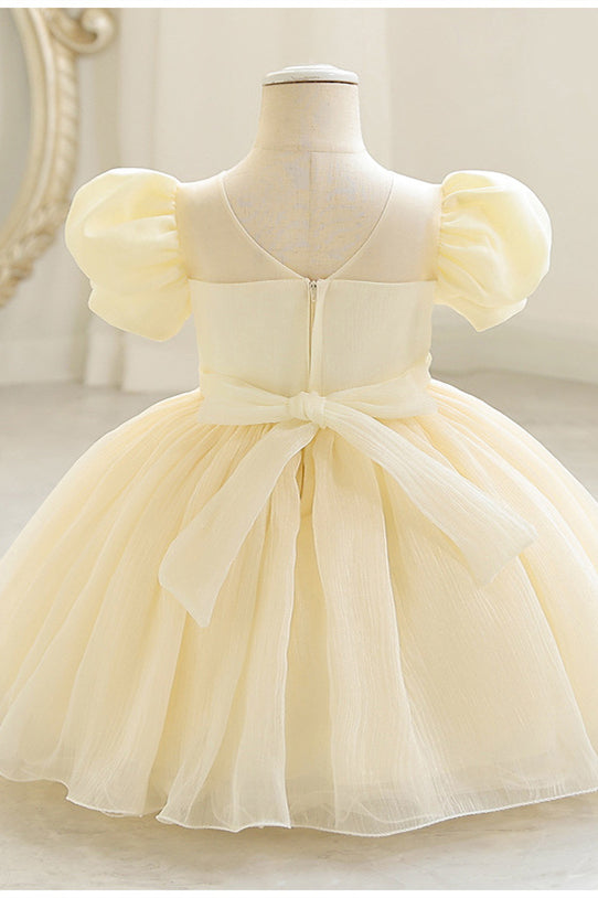 Puff Sleeves White Mesh Birthday Dress with Pearls