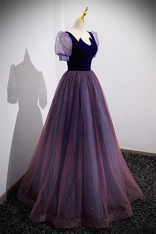 Glitter Tulle A-Line Short Sleeves Dream Purple Prom Dress