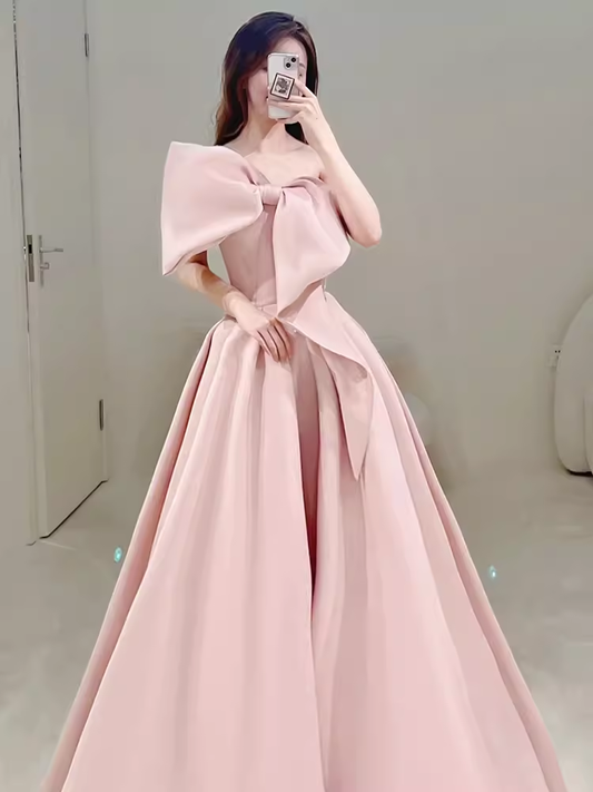 Modest A Line Strapless Long Sleeveless Satin Pink Prom Dresses P1233