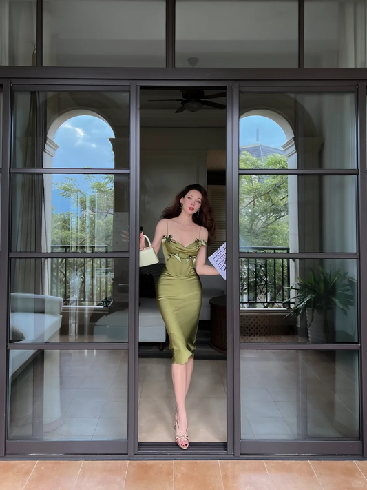 Vintage Sheath Spaghetti Strap Bow Olive Green Satin Short Prom Dress Homecoming Dress SH4231