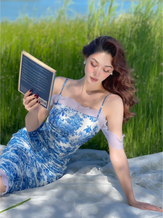 Sexy Sheath Spaghetti Strap Blue Print Floral Satin Short Prom Dress Homecoming Dress SH4228