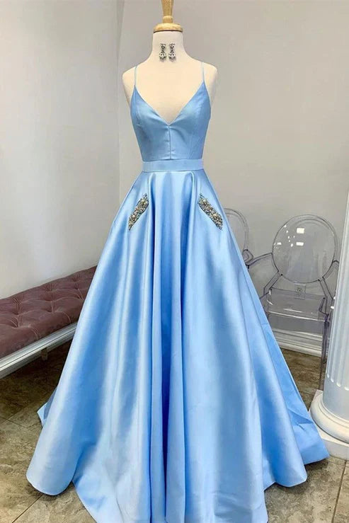 Wholesale A Line V Neck Blue Satin Long Prom Dresses Charming Evening Party Dress