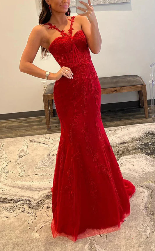 Red Prom Dresses, Mermaid Prom Dress, Lace Evening Party Dress