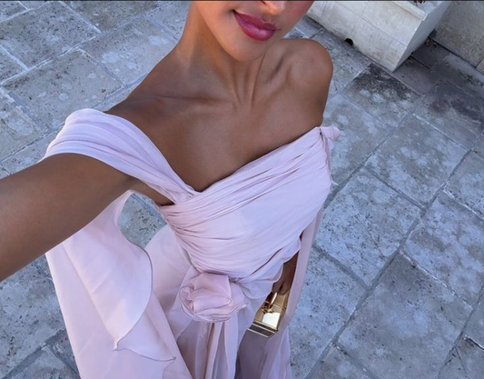 Classy Pink Off The Shoulder Chiffon Long Party Dress Formal Bridesmaid Dress SP1075