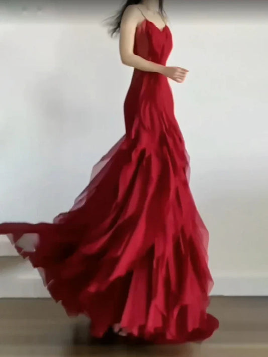 Sexy Mermaid Spaghetti Straps Red Chiffon Ruffles Birthday Dresses Long Prom Dress, LTP3593