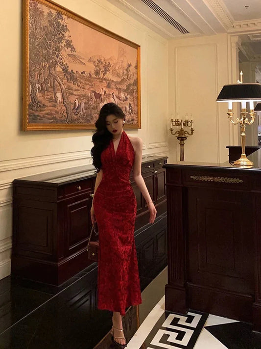 Sexy Sheath V Neckline Red Floral Ankle Length Prom Dresses Birthday Dress , LTP3582