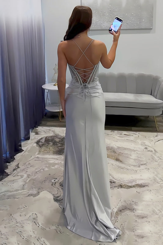 Silver Sequin-Embroidered Prom Dress with Crisscross Back & Slit Skirt