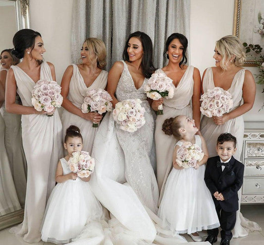 Simple Chiffon V-neck Sweep Train Pleated Bridesmaid Dresses With Slit BD086