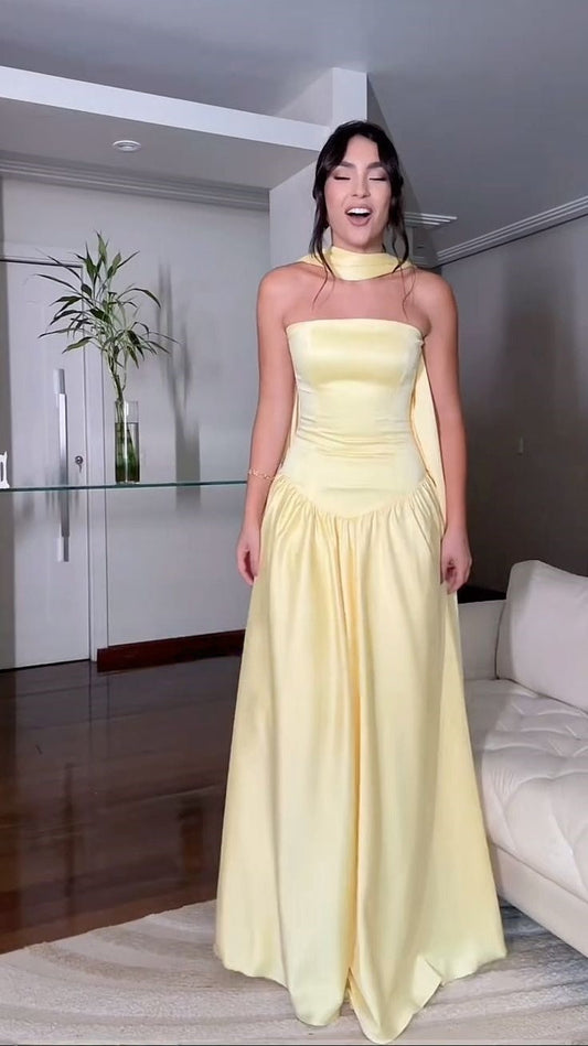 Simple Prom Dresses Pastel Yellow Satin Evening Formal Gown,LTP4269