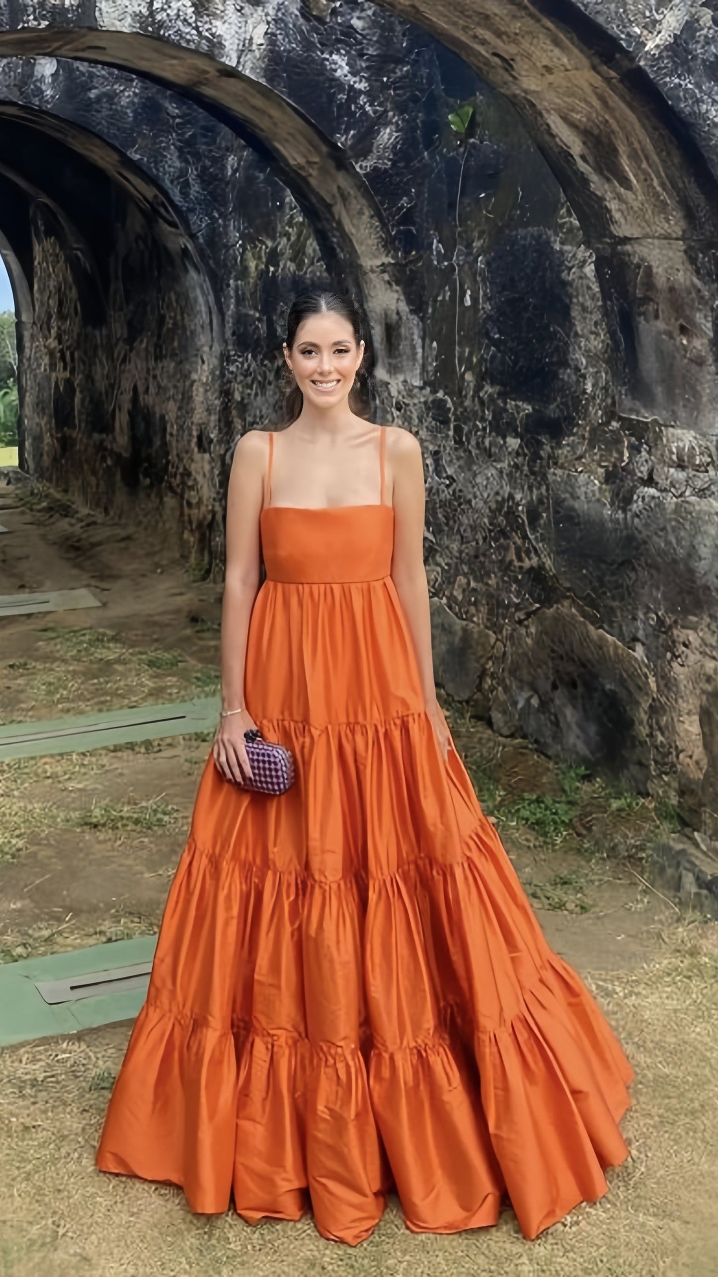 Orange Spaghetti Straps A-Line Prom Dress - Satin Evening Ball Gown