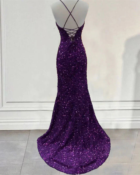 Spaghetti Straps Dark Purple Prom Dress Sequin Mermaid Formal Evening Dress With Slit