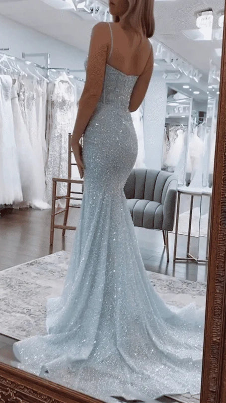 Sparkle Light Blue Mermaid Sequin Long Prom Dresses Sweetheart Evening Party Dress,AST2195