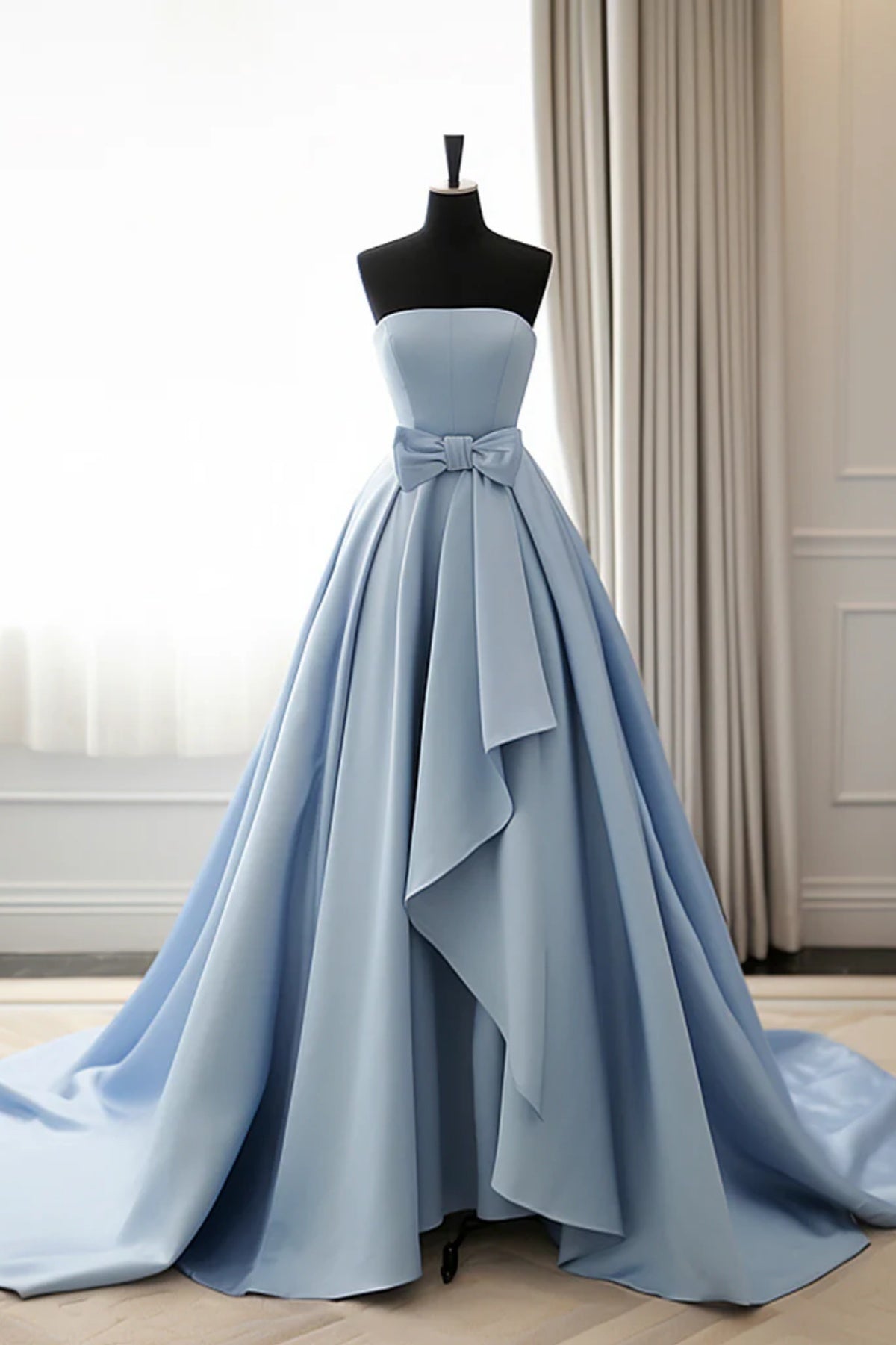 Strapless Blue Satin High Low Prom Dresses, High Low Blue Satin Long Formal Evening Dresses