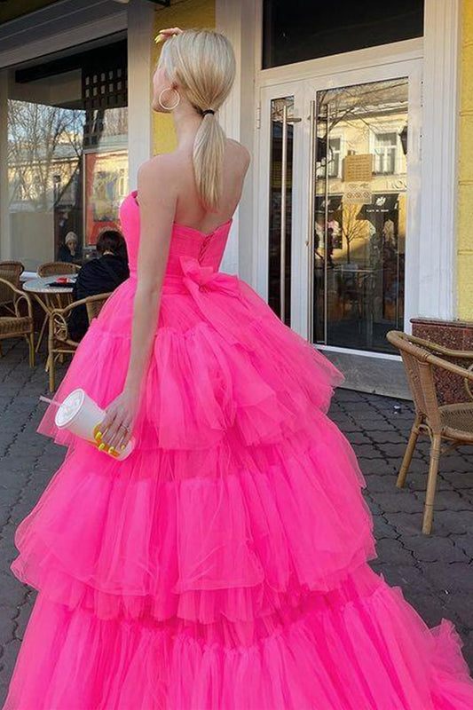 Strapless High Low Pink Tulle Long Prom Dresses, High Low Pink Formal Evening Dresses, Pink Ball Gown EP1859