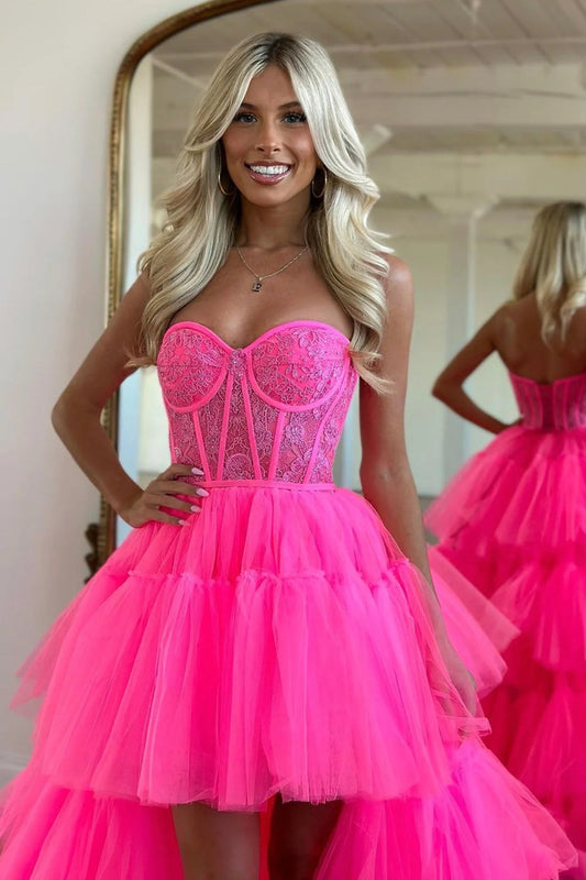 Sweetheart Neck High Low Hot Pink Tulle Lace Prom Dresses, Hot Pink High Low Tulle Lace Formal Evening Dresses