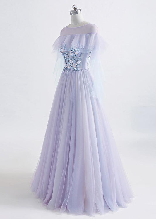 Princess Tulle Jewel Floor-length Prom Dress With Lace Appliques