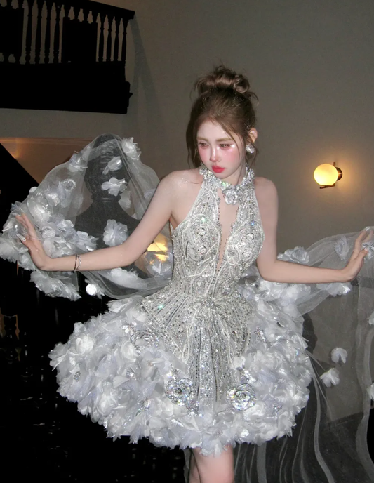 Gorgeous A Line V Neck Silver Beaded Flower Tulle Short Homecoming Dress Cocktail Dress SH3358