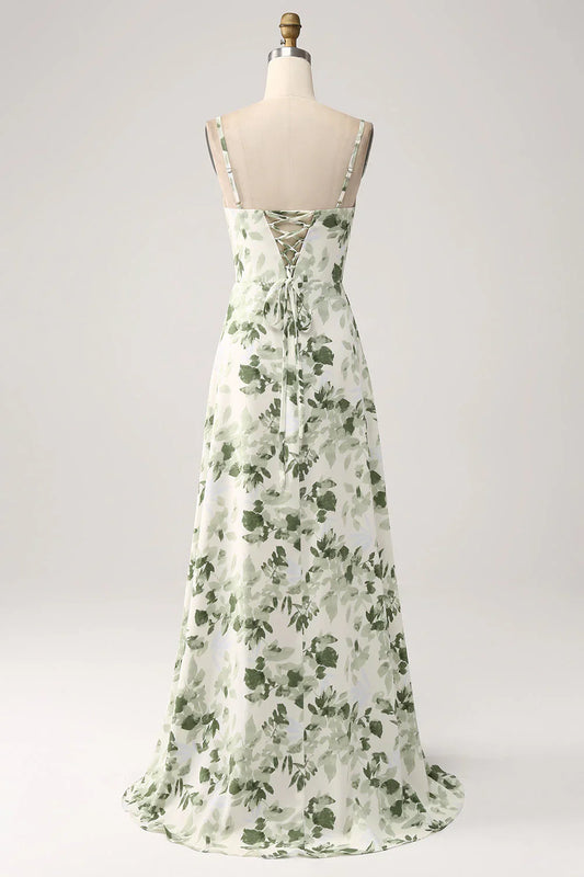 Cowl Neck Floral A Line Prom Dress With Slit