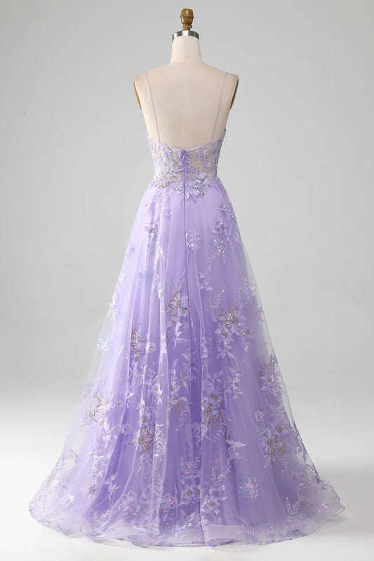 A-Line Sequins Prom Dress With Embroidery