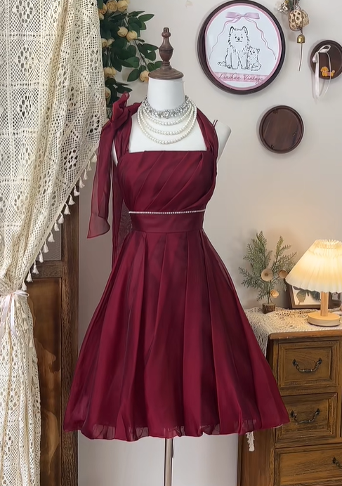 Charming Halter A Line Cocktail Dress Burgundy Grade Homecoming Dress Birthday Dress Y8894