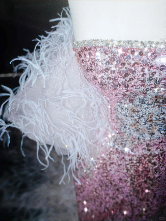 Fairy Pink Strapless Sequins Feathers Mermaid Evening Dress,Slit Prom Dress Y8660