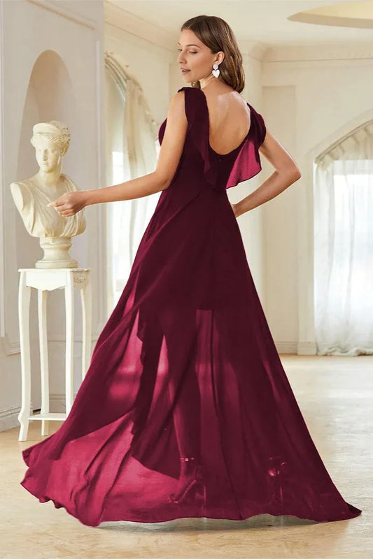 Weitese Dress A-Line Burgundy V-Neck Chiffon Sleeveless Maxi Dress With High Low Prom Dress