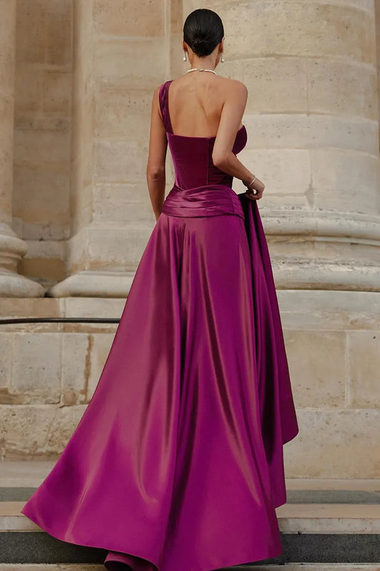 Weitese Dress Elegant One Shoulder Sleeveless Corset Folds High Slit Formal Party Gown Satin Maxi Dresses Purple Prom Dress