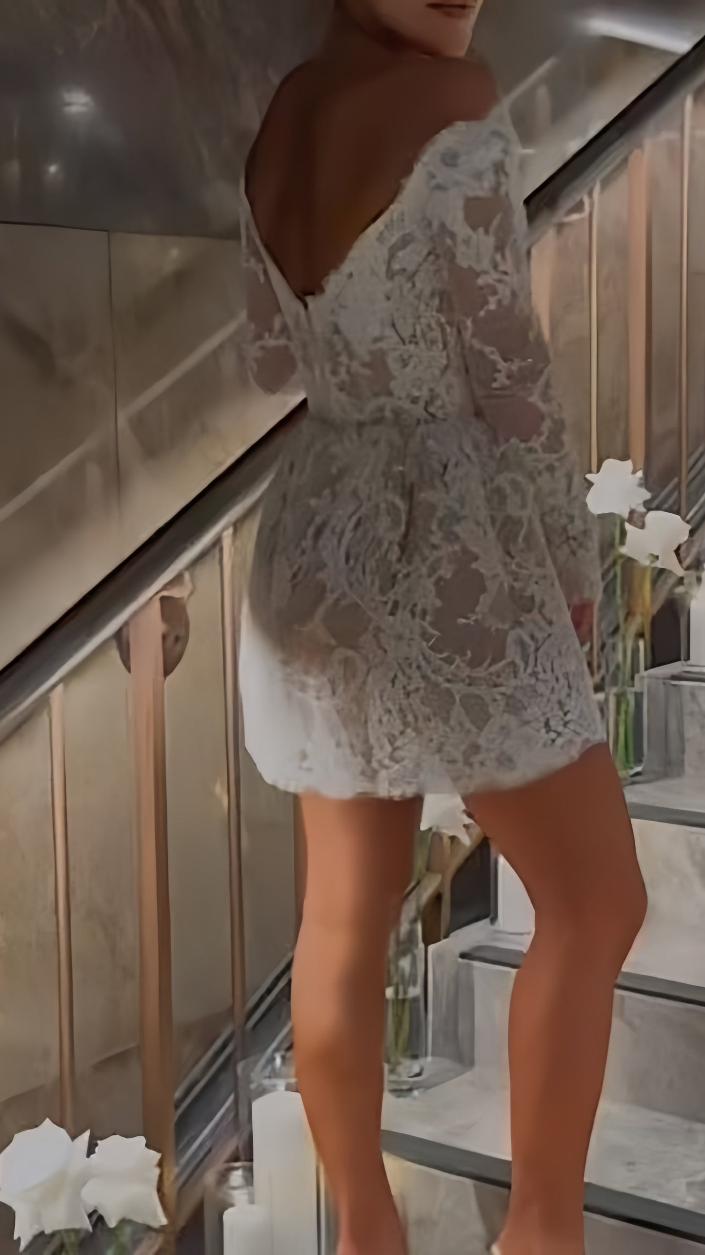 White Lace Bridal Dresses, Long Sleeves Mini Wedding Gown, LTP3422