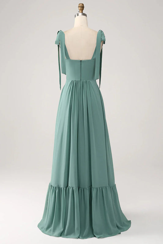 A Line Chiffon Long Bridesmaid Dress With Pleated