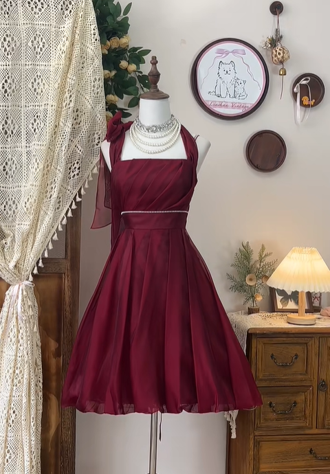 Charming Halter A Line Cocktail Dress Burgundy Grade Homecoming Dress Birthday Dress Y8894