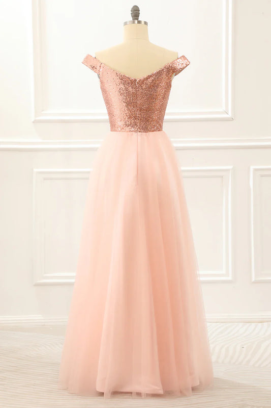 Blush Off The Shoulder Sequins Prom Dress