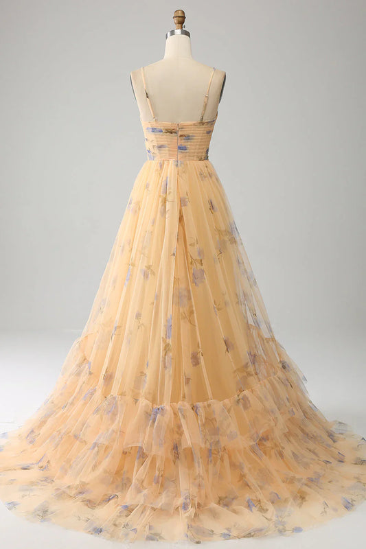 A-Line Halter Pleated Tulle Tiered Yellow Prom Dress With Embroidery