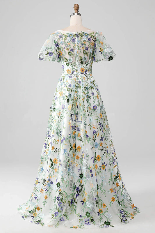 Liymcdress Long Prom Dress Flower Ball-Gown/Princess Embroidered with Short Sleeves