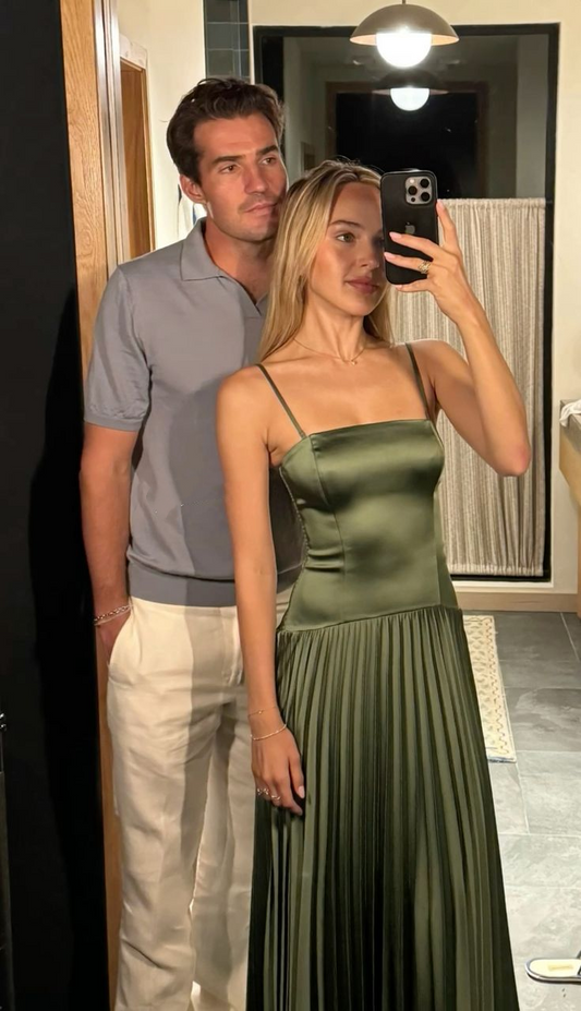 Vintage Green Spaghetti Straps Satin Pleated A Line Long Bridesmaid Dress Formal Guest Dress SP274