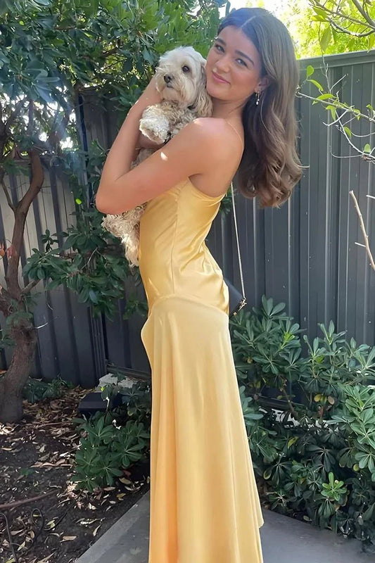 Liymcdress Yellow Spaghetti Straps Long Prom Dress With Slit Charming Evening Dress Simple Birthday Party Dress