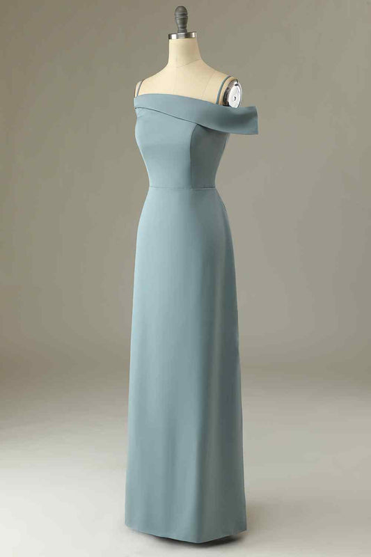 Dolphin Grey A-line Asymmetrical Neck Satin Long Bridesmaid Dress