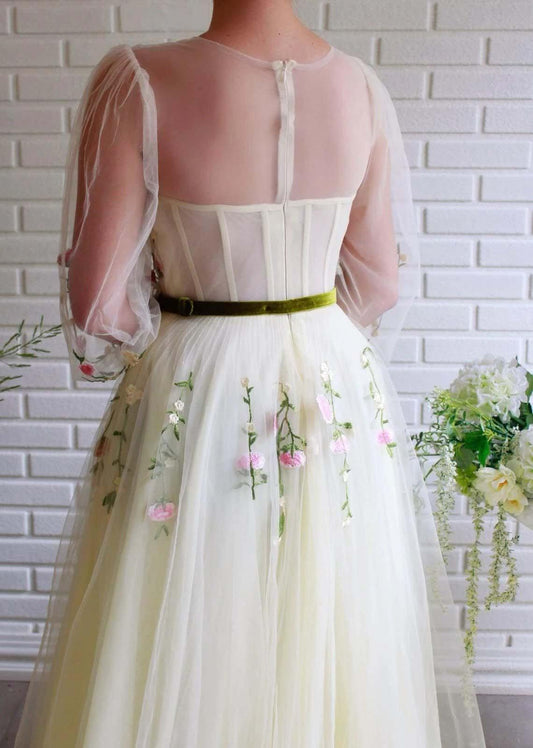 A-line Long Sleeves Tulle Yellow Prom Dress With Embroidery PSK148