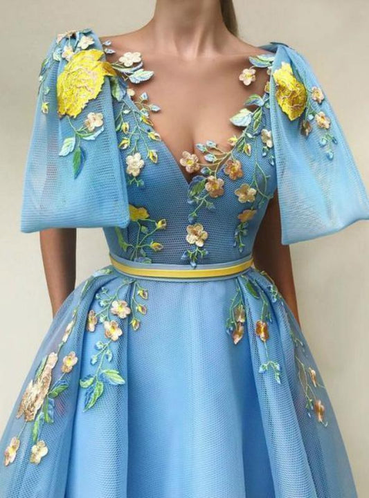 A Line Floor-length Embroidery Blue Prom Dress With Pockets PG985