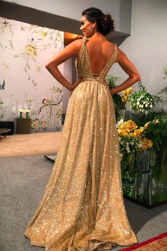 A-line Sequin Empire Gold Prom Dress Long Sweep Train PSK152