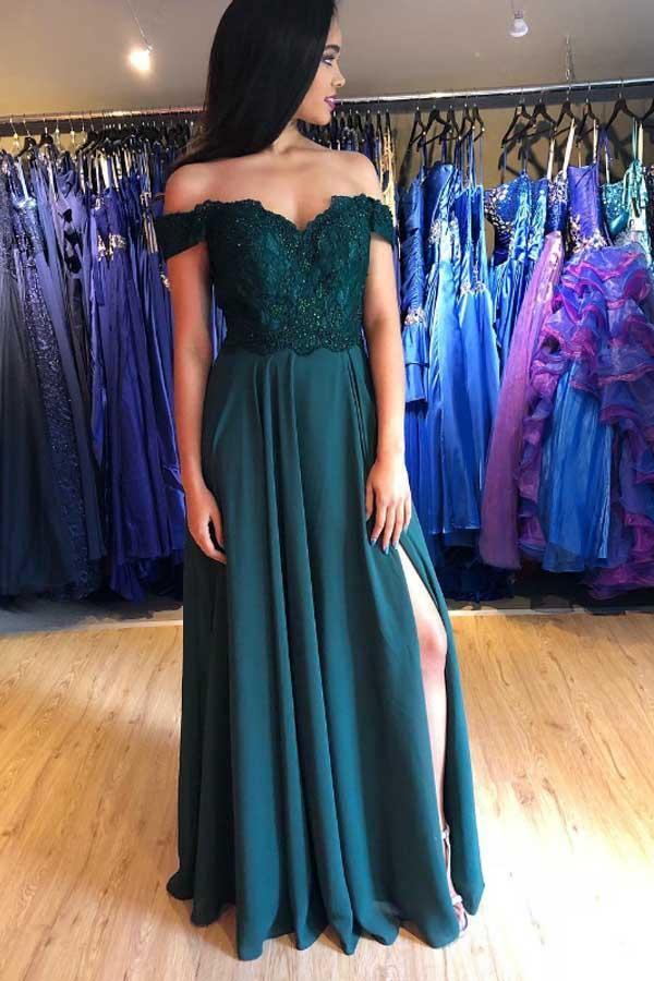 A-Line Satin Off the Shoulder Green Prom Dress With Side Split PG966