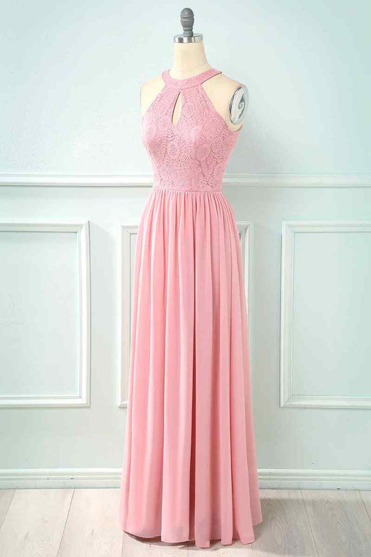 A-line Halter Lace Cut-Out Chiffon Long Bridesmaid Dress