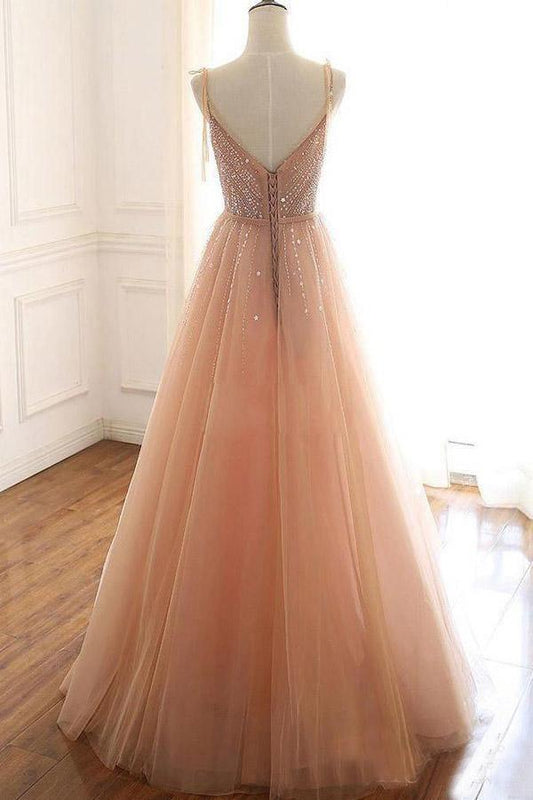 A Line Lace Up Straps Evening Dress Tulle Sequins Prom Dress PSK059