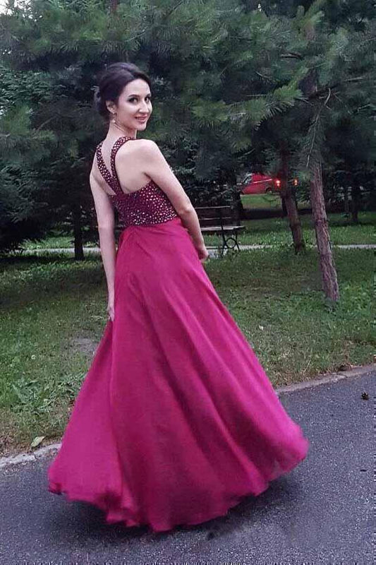 A-line Long Chiffon Formal Evening Halter Beaded Prom Dress PG968