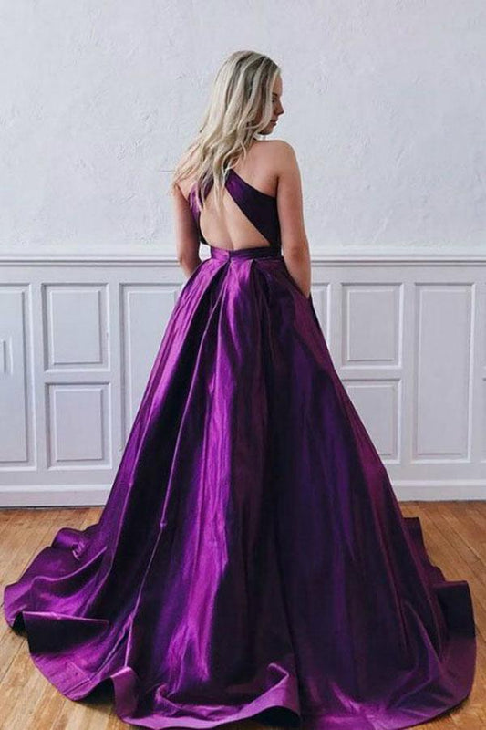 A-Line Satin Backless Long Crossed Straps Purple Prom Dress PG987